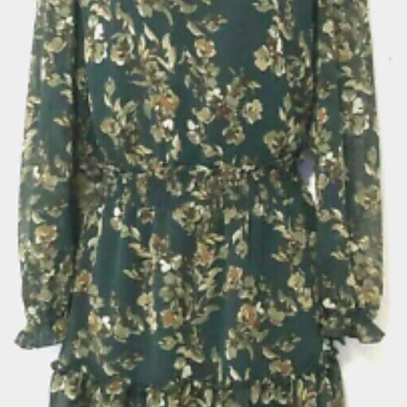 Drew Floral Green Fern and Brown Ruffle Chiffon Knee Length Dress Size M NWT - Picture 9 of 9